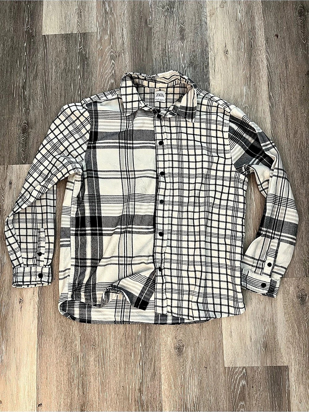 Zara Mens Flannel Shirt Size L Black Ivory Mixed Plaid Patchwork Denim Cotton